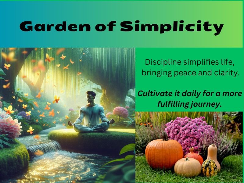 Man meditating in a serene forest garden, symbolizing peace through simplicity and discipline.