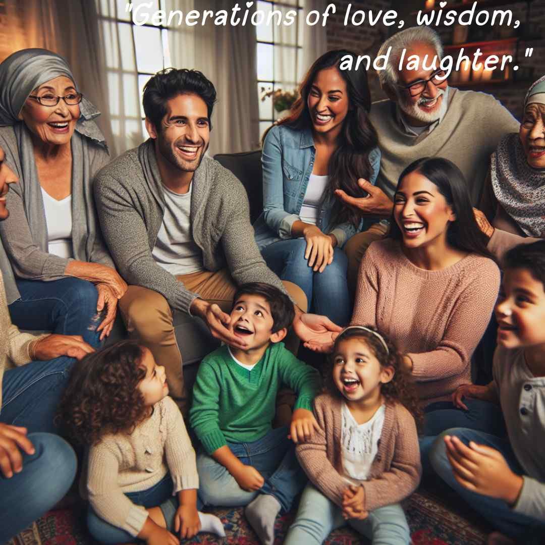 Multigenerational family gathered in a living room, sharing laughter and joy, symbolizing love and wisdom across ages.