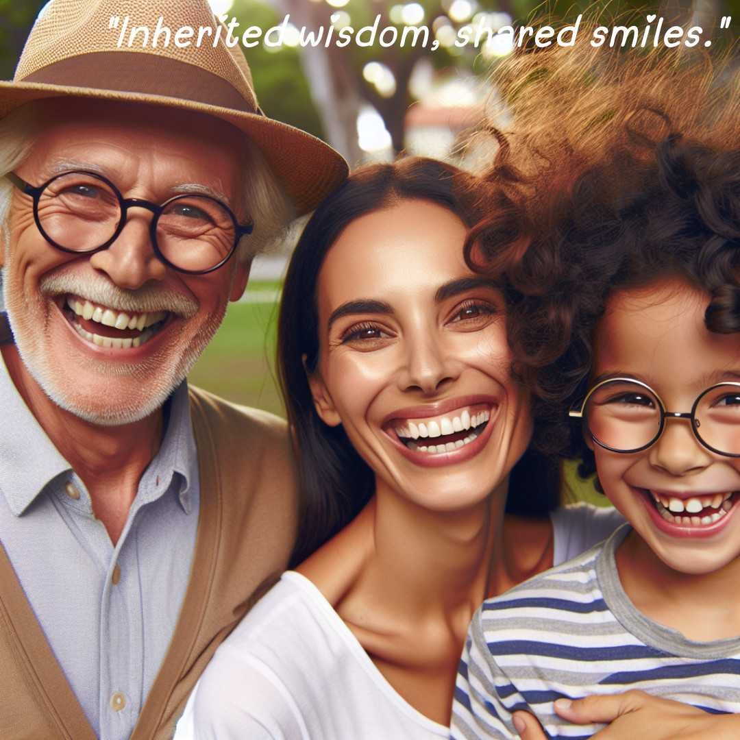 Grandfather, mother, and child smiling joyfully outdoors
