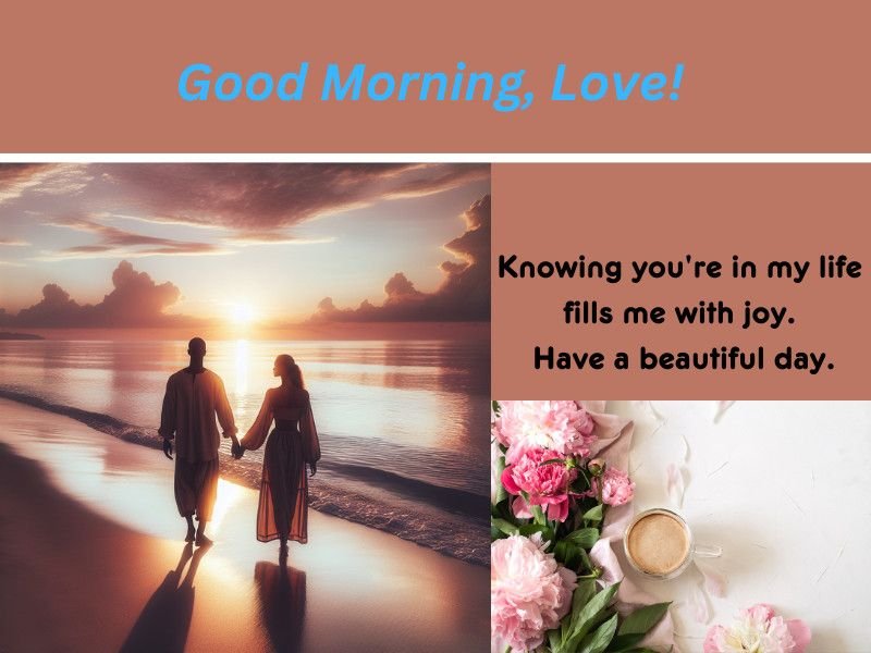 Couple walking on the beach at sunrise with a good morning love message and coffee with flowers.