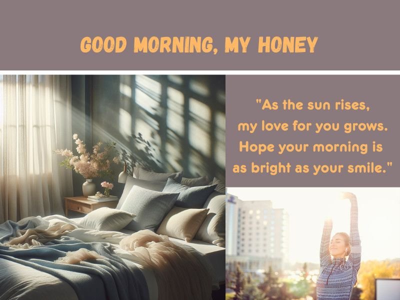 Sunlit bedroom and romantic couple with a good morning love message.