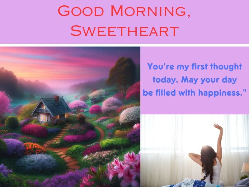 Whimsical morning garden and woman stretching by the window with a good morning message.