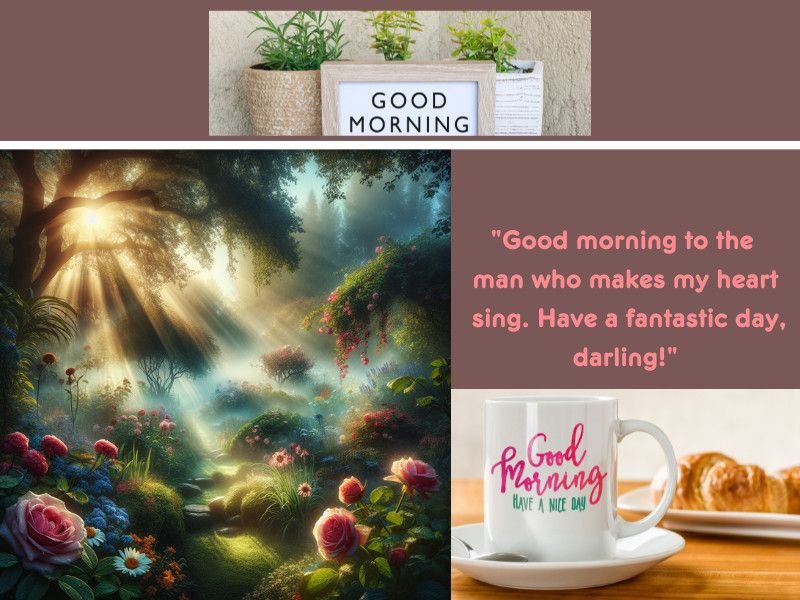 Romantic good morning message with a forest sunrise, coffee cup, and flowers.
