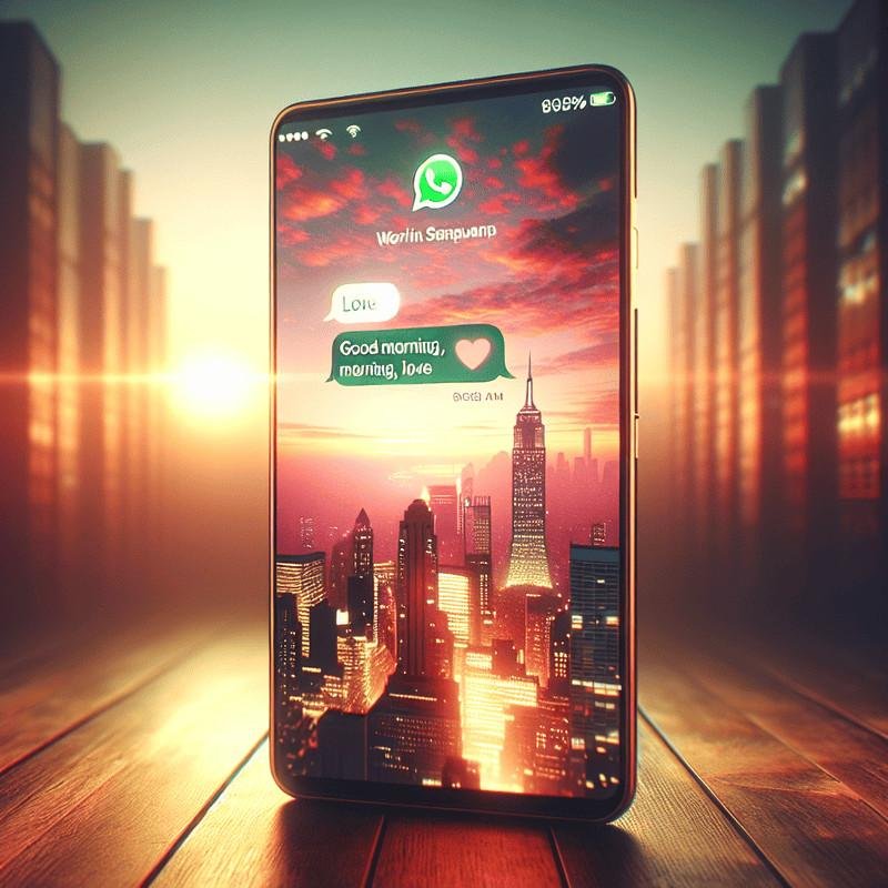 Smartphone displaying a romantic good morning WhatsApp message with a city skyline background.