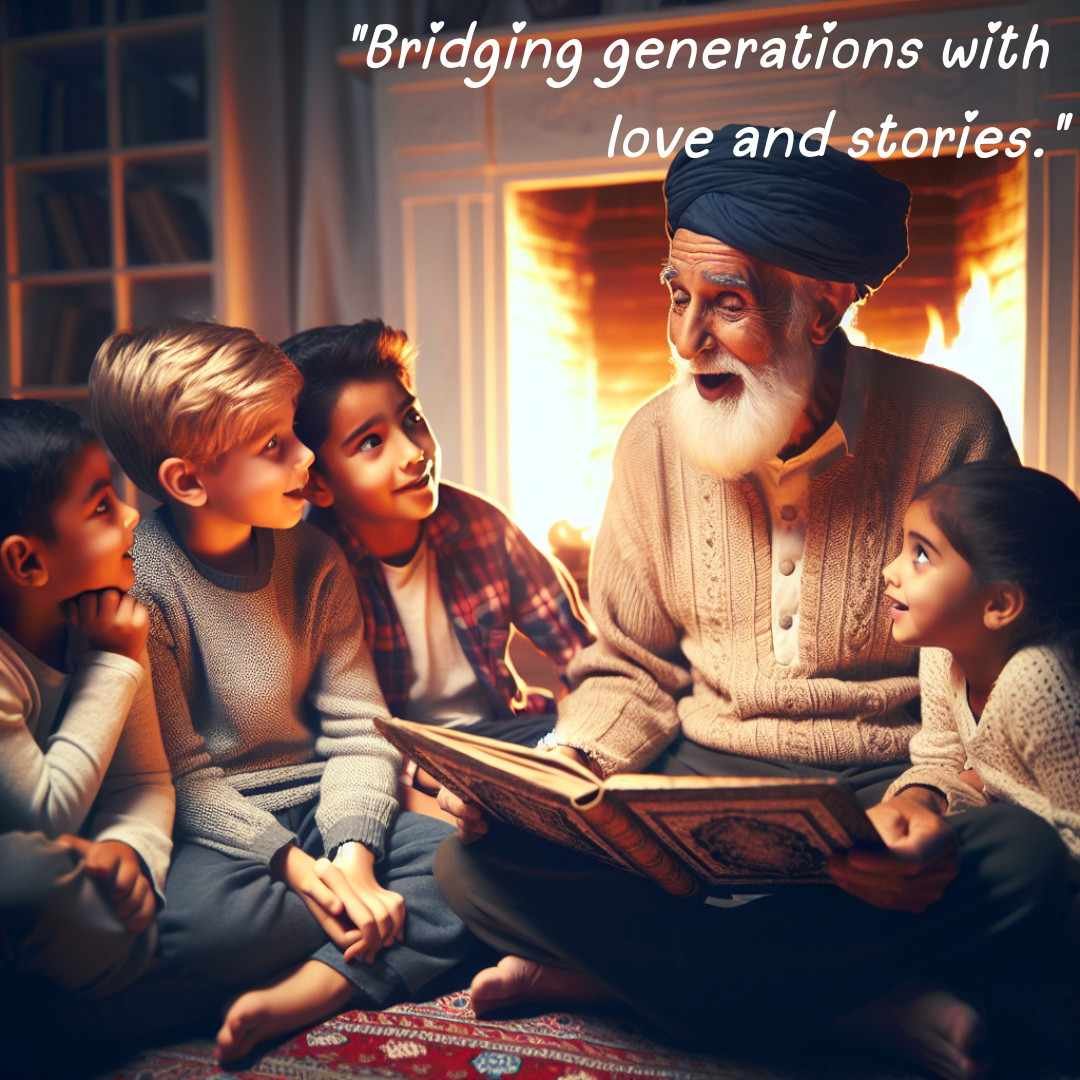 Grandparent storytelling to grandchildren around a fireplace, capturing warmth and love bridging generations.