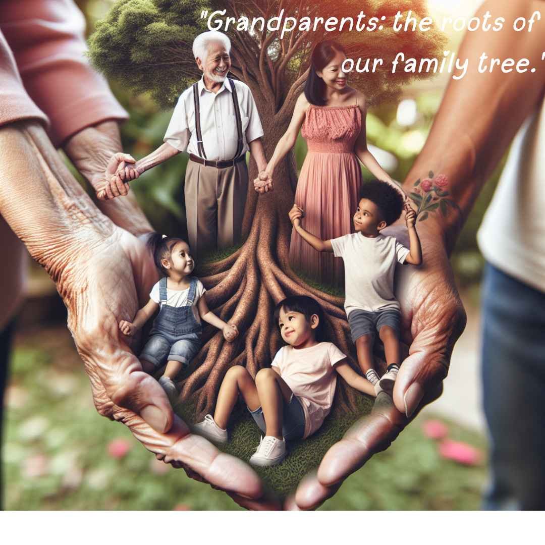 Grandparents holding hands with grandchildren in a garden, highlighting the roots of the family tree and nurturing connection.