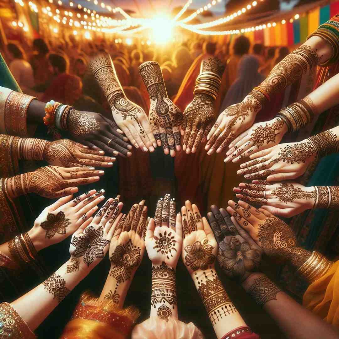 Circle of decorated hands with henna at a vibrant Indian festival