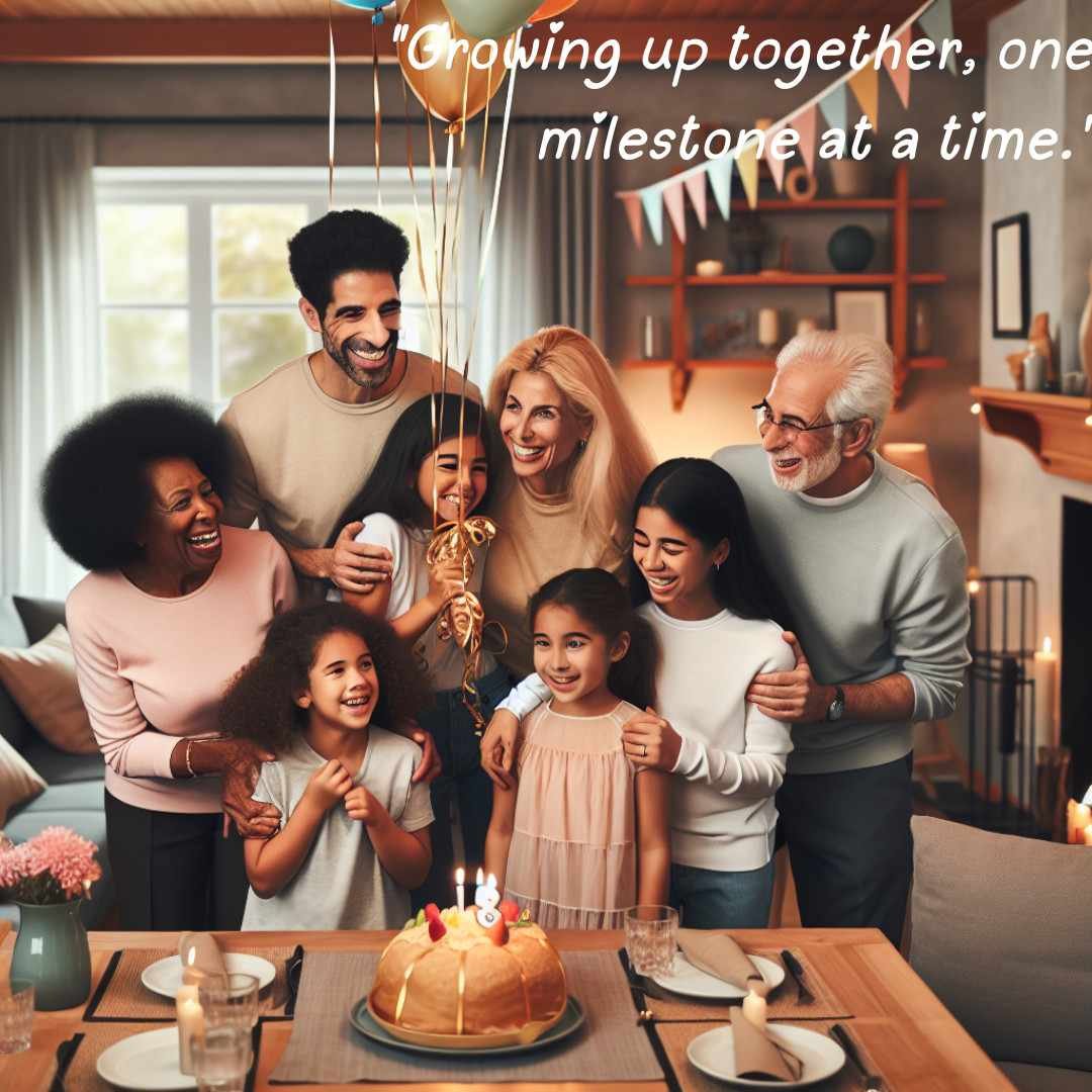 Family around a dining table, sharing a meal with a cake and decorations, celebrating a milestone together.