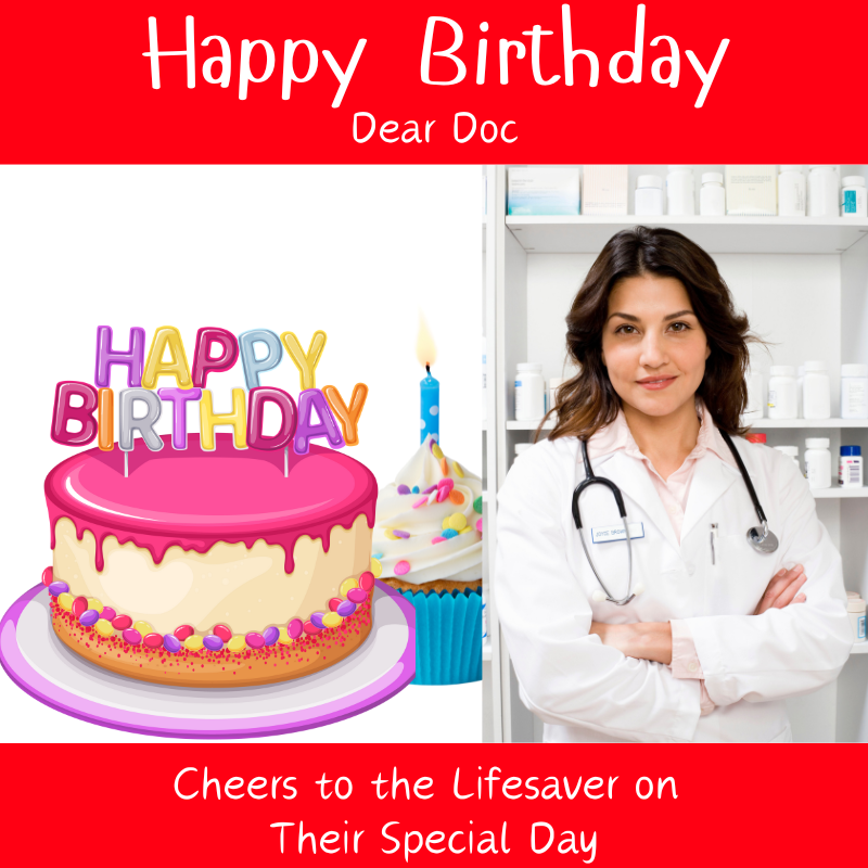 Birthday greeting for a doctor with a cake and a smiling female doctor in a white coat.