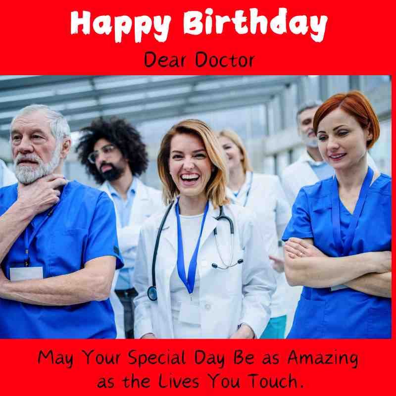 Happy birthday greeting card for a doctor with smiling medical professionals