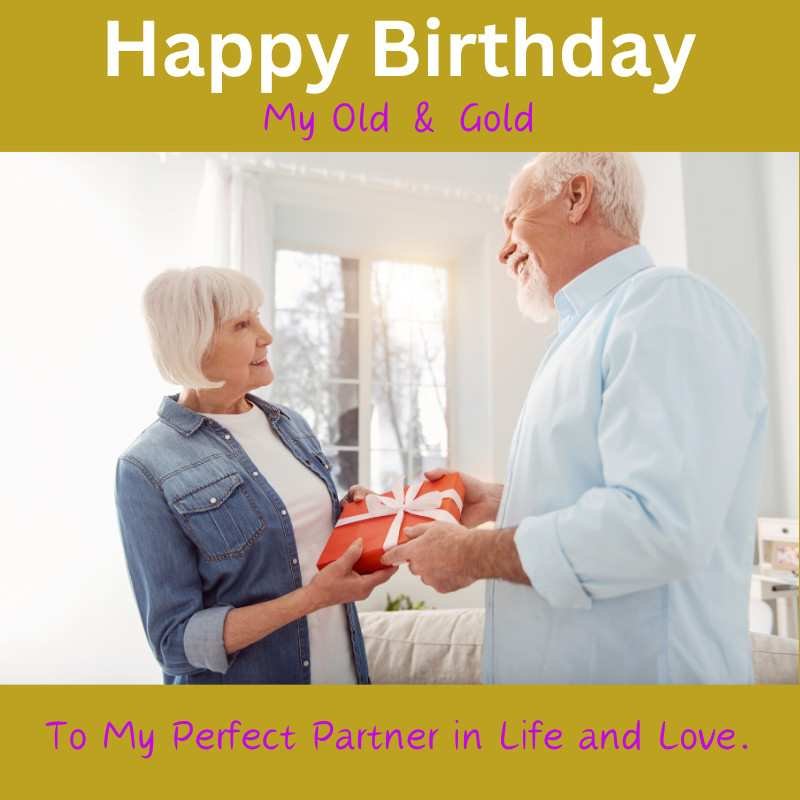Elderly couple exchanging a birthday gift with joy and love.