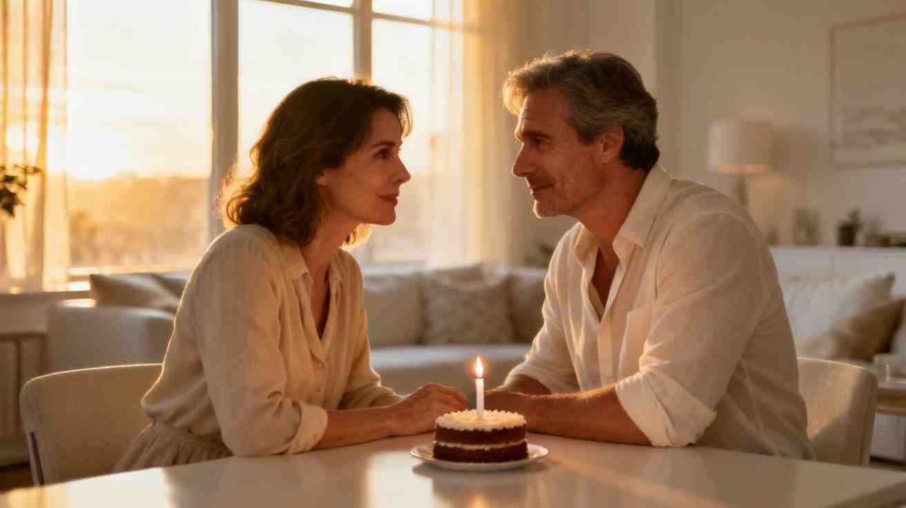 Romantic married couple sharing a quiet birthday moment with candlelight, representing heartfelt happy birthday wishes for wife
