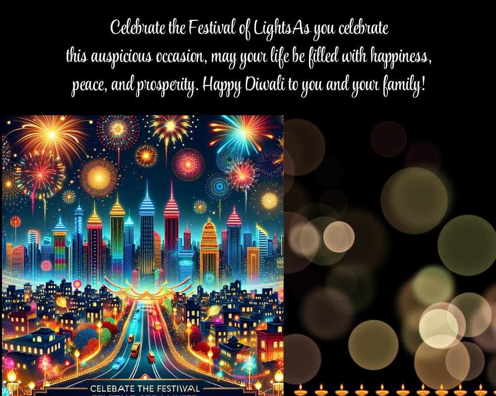 Diwali cityscape with fireworks and festive lights, Happy Diwali message on top.