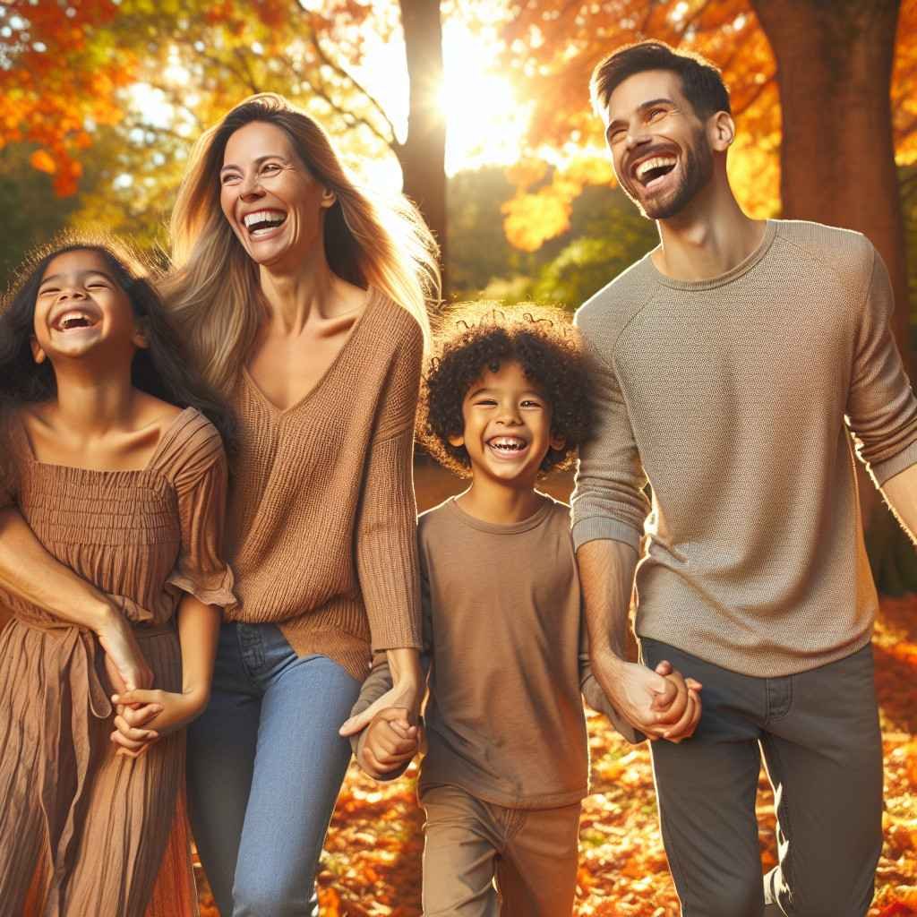 Smiling family walking hand-in-hand in a sunny autumn forest