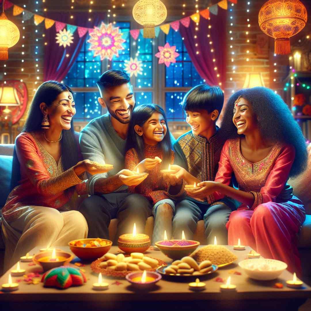 Smiling family celebrating Diwali at home with diyas, sweets, and festive decorations.