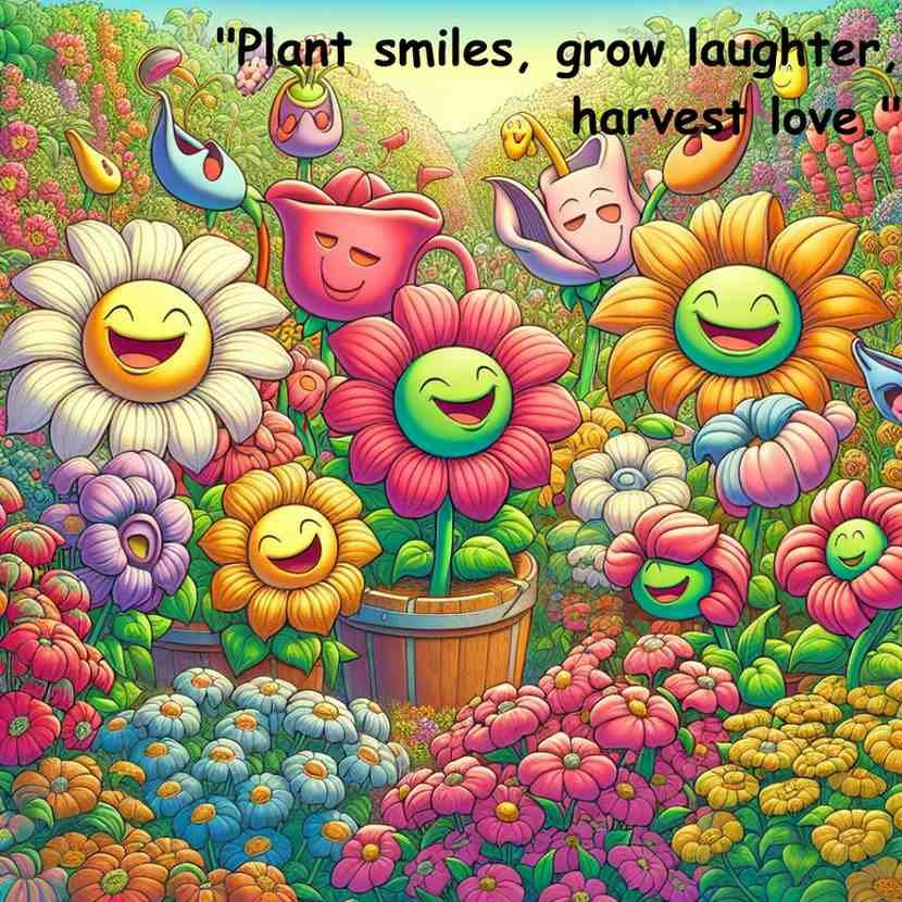 Smiling cartoon flowers in a garden, sharing a laugh. Caption: 'Plant smiles, grow laughter, harvest love.'