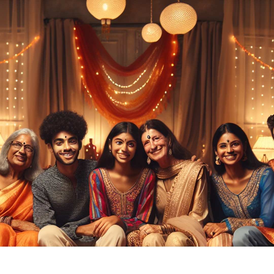 Smiling Indian family sitting together during Diwali celebration with festive decor.