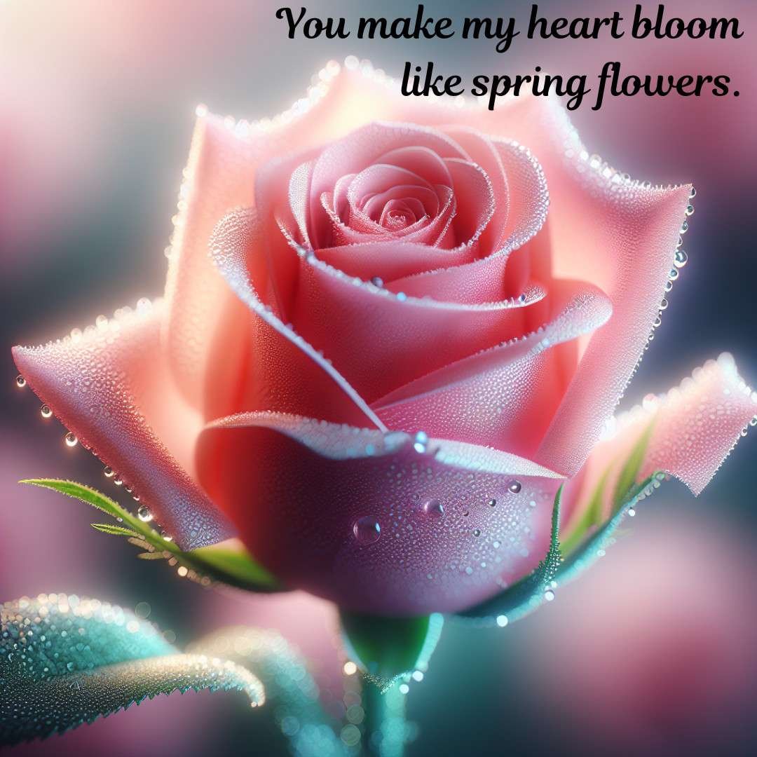 Close-up of a glowing pink rose with dewdrops and a romantic quote.
