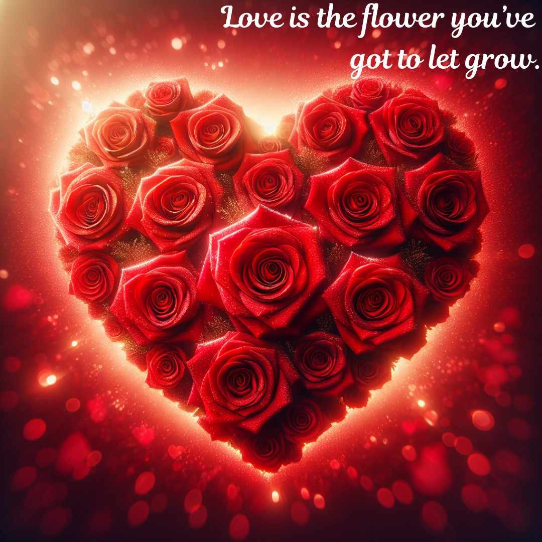 Heart-shaped arrangement of red roses glowing with romantic light and love quote.