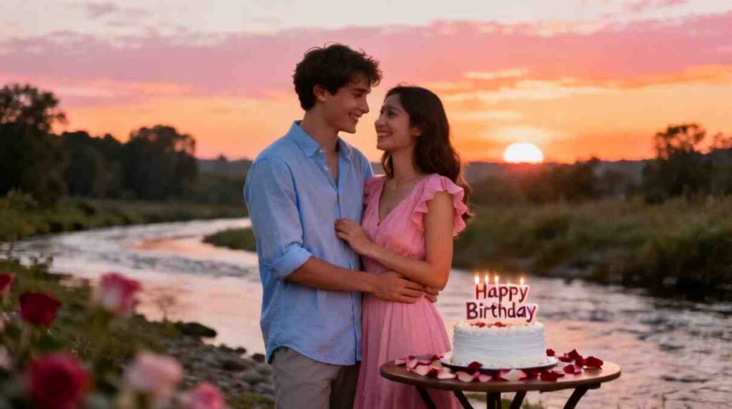 Heart touching birthday wishes for girlfriend with romantic couple and birthday cake