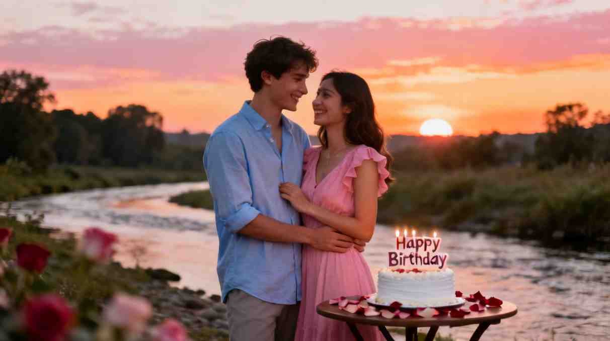 Heart touching birthday wishes for girlfriend with romantic couple and birthday cake