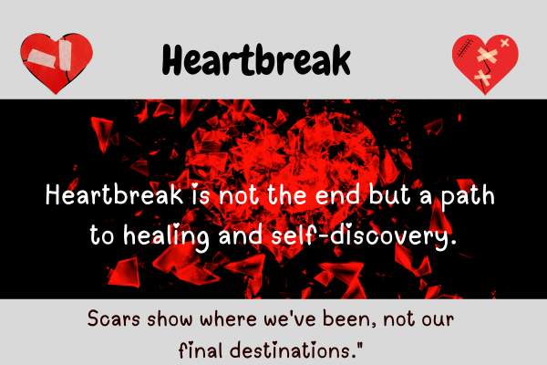 Heartbreak quote on healing and emotional scars with a shattered heart graphic.