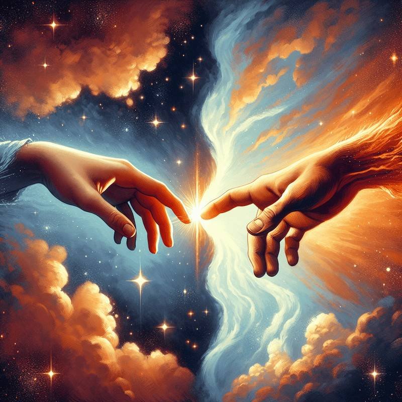 Two hands reaching toward each other through a cosmic divide of light and dark.