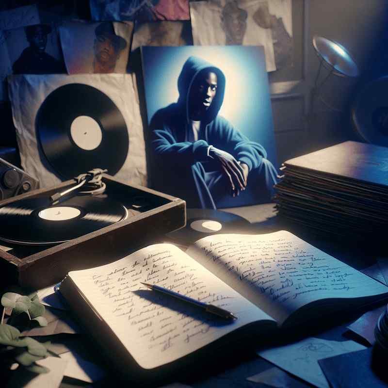 A tribute scene with vinyl records, an open journal, and a hooded portrait in dim lighting.