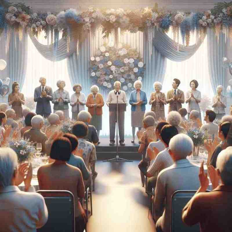 Elderly individuals being honored on stage during a formal celebration event.