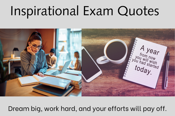 Students studying with motivational exam quotes and coffee on table