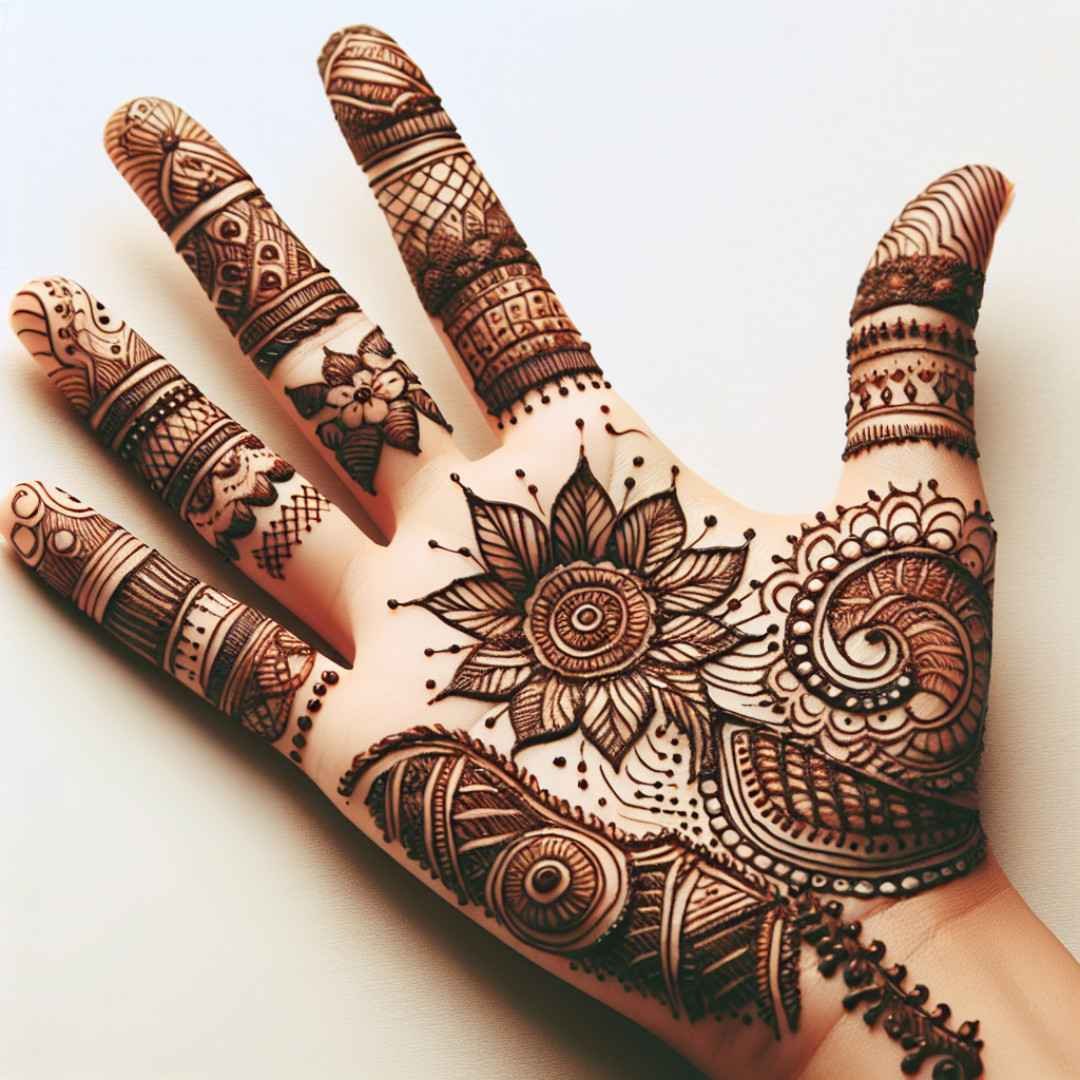 A Mehndi design illustrating vibrant patterns that celebrate the joy of festivals, showcasing a lively and colorful atmosphere. Ideal for mehndi captions for Instagram, this image captures the exuberant and joyful spirit of festive artistry.