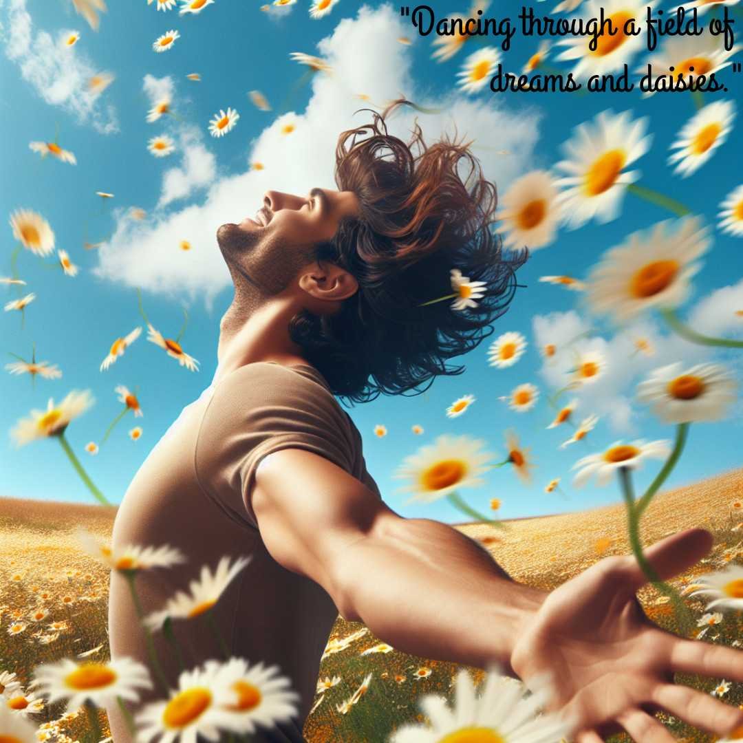Joyful person dancing in a dreamy field of daisies.