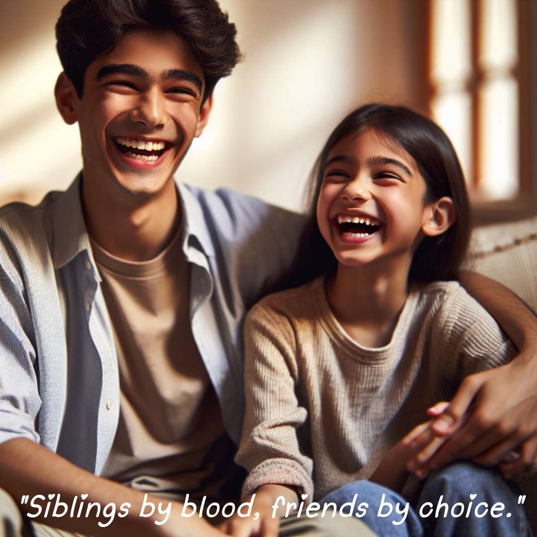 Two siblings sharing laughter on a couch, capturing the essence of being friends by choice in a warm family setting.