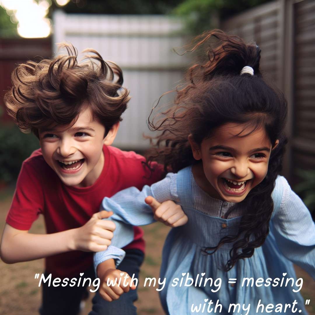 Playful siblings teasing each other in a backyard, highlighting the heartfelt connection and joy in family bonds.