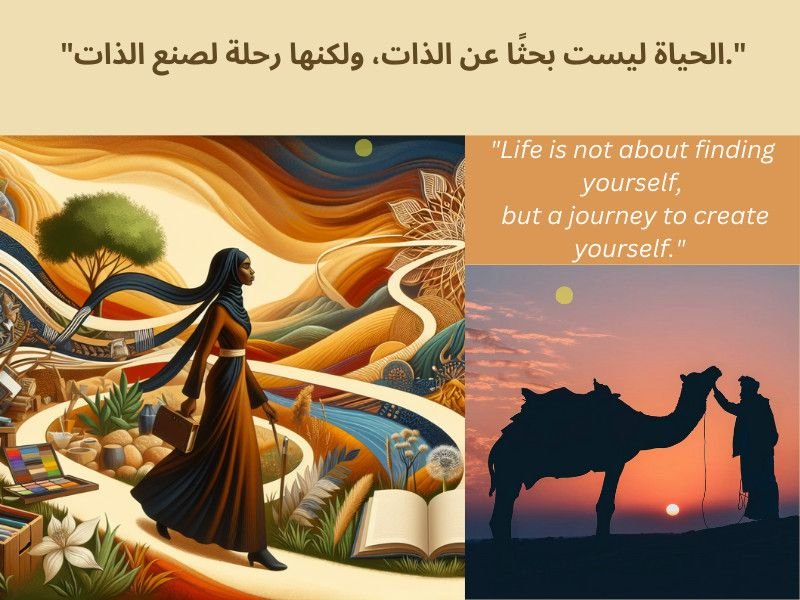 Woman walking through a surreal landscape with Arabic quote about life.