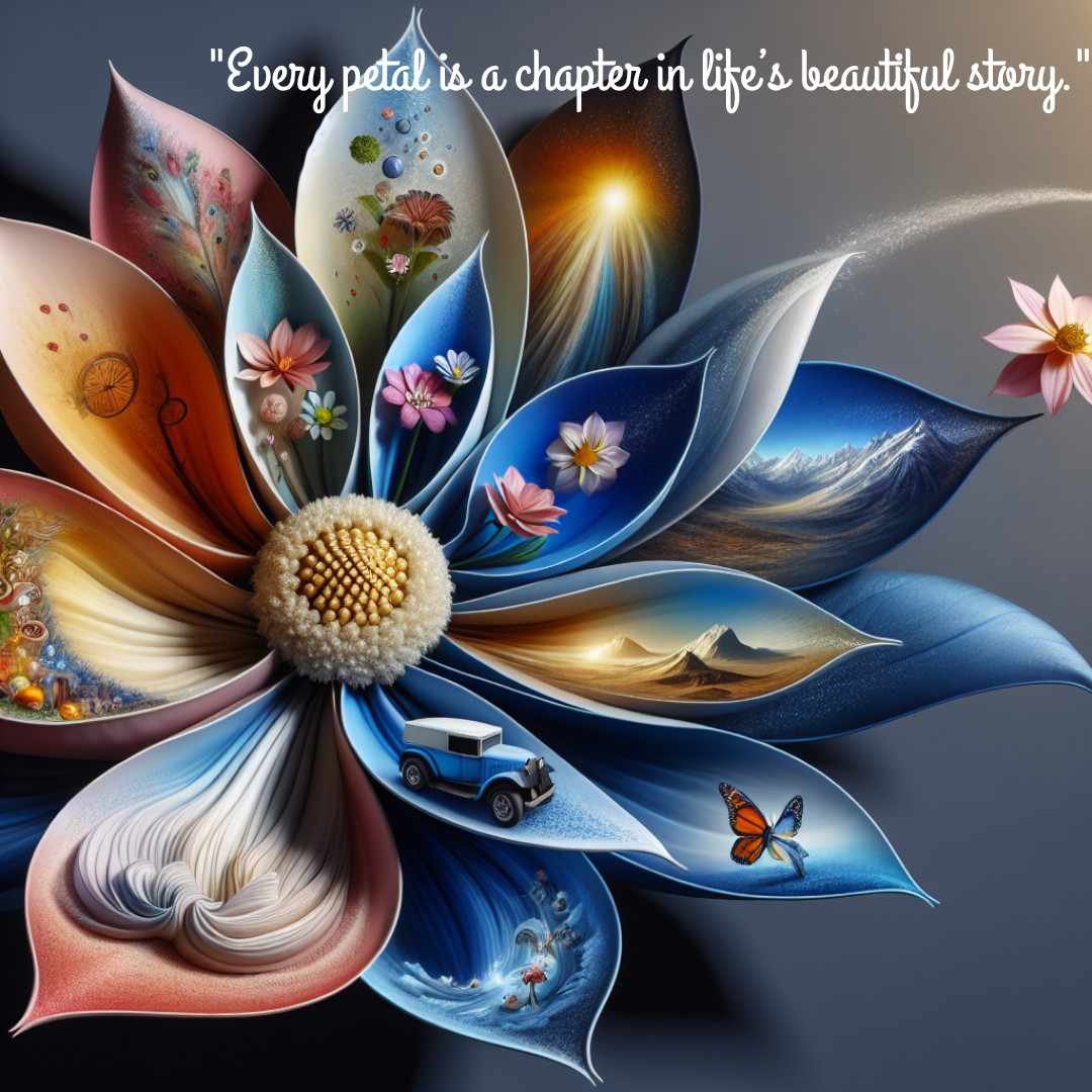 Close-up of a flower with petals symbolizing life’s story chapters.