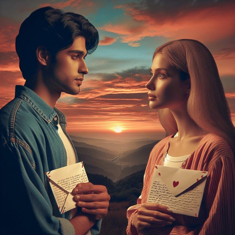 Romantic couple exchanging heartfelt love letters at sunset.