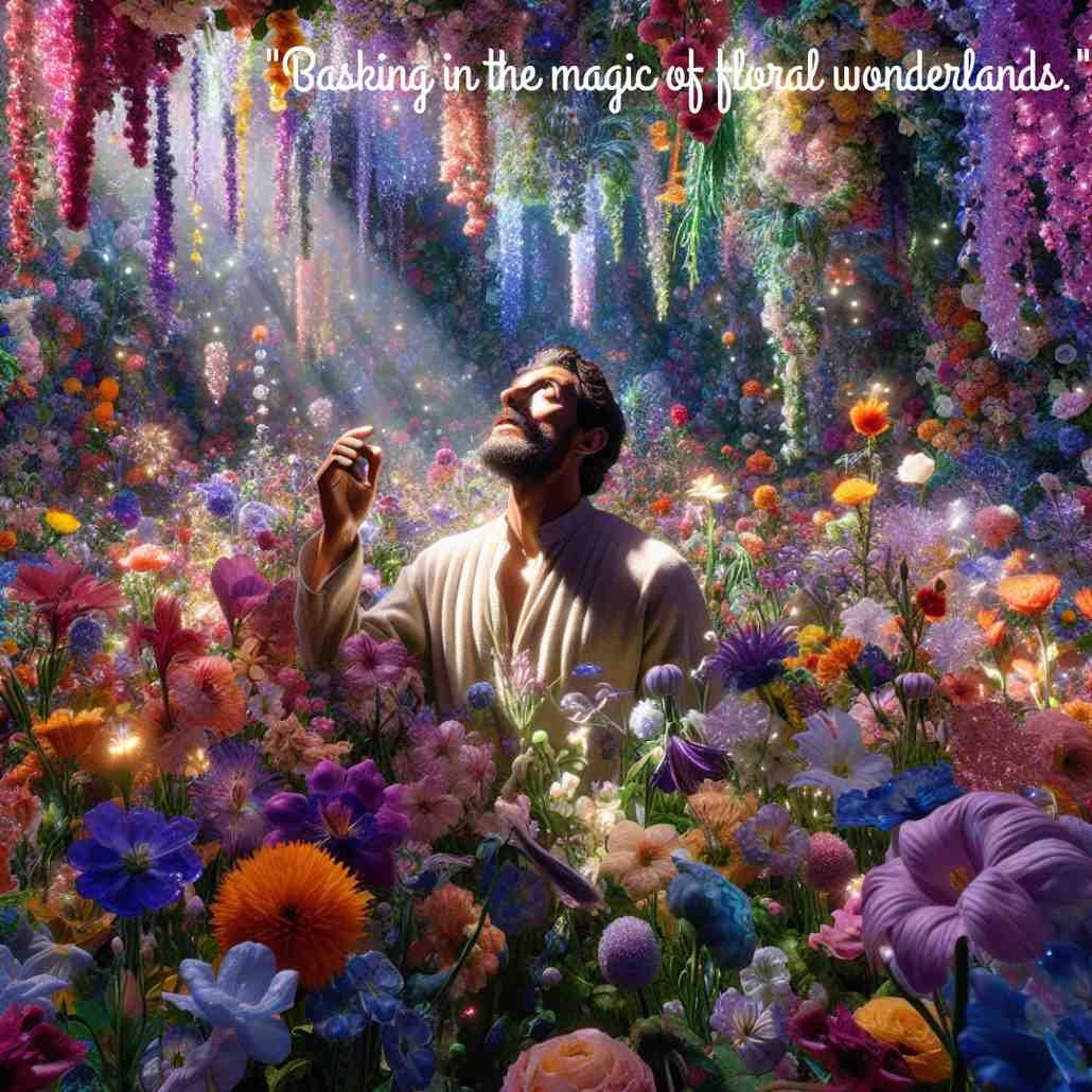 Person immersed in an enchanting floral wonderland.