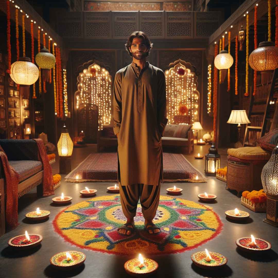 Man standing in a Diwali-decorated room surrounded by diyas and colorful rangoli.