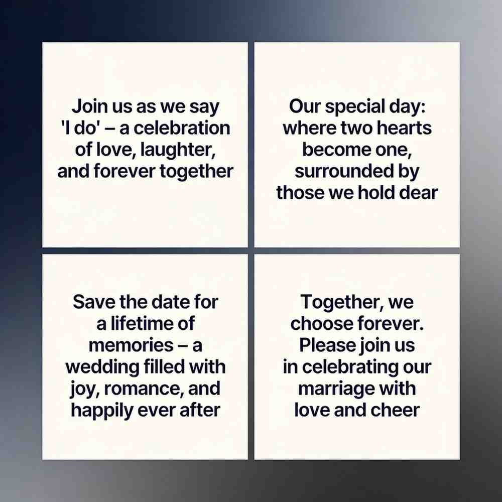Elegant marriage invitation quotes grid on dark gradient background with bold modern font