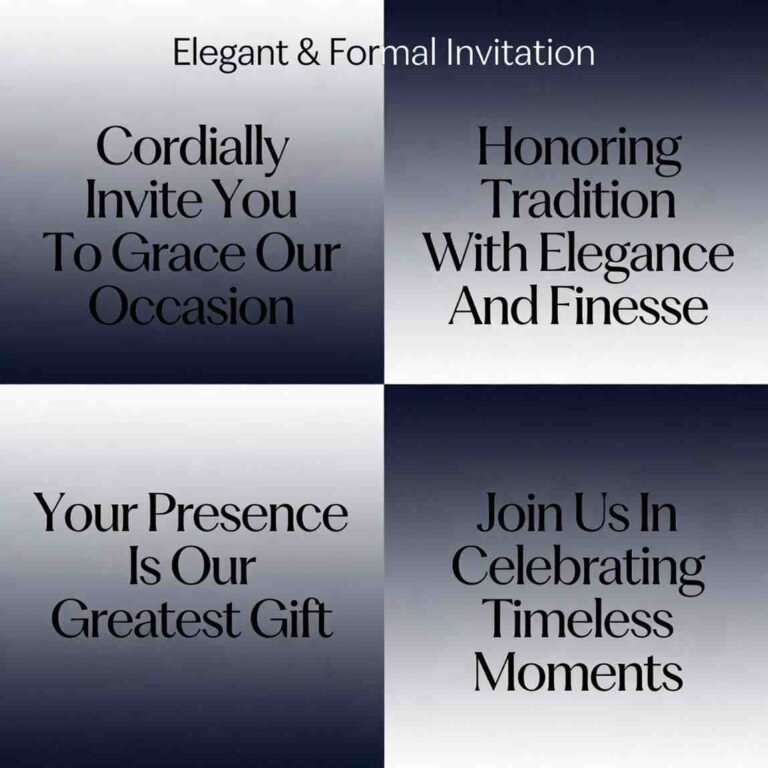 Elegant and formal wedding invitation quotes grid on dark gradient background with bold typography