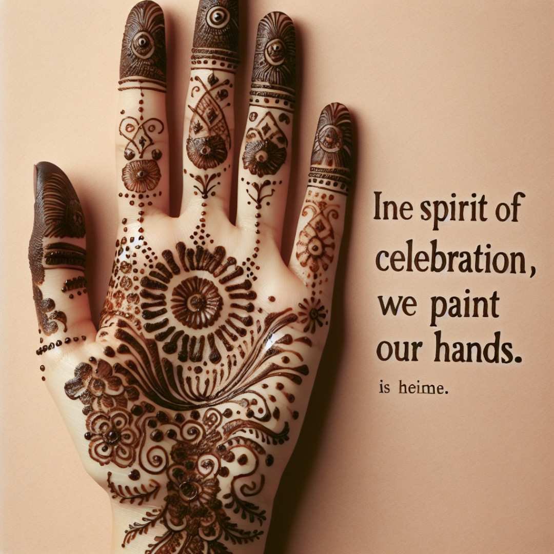 Hand with floral mehndi design and celebratory quote on beige background