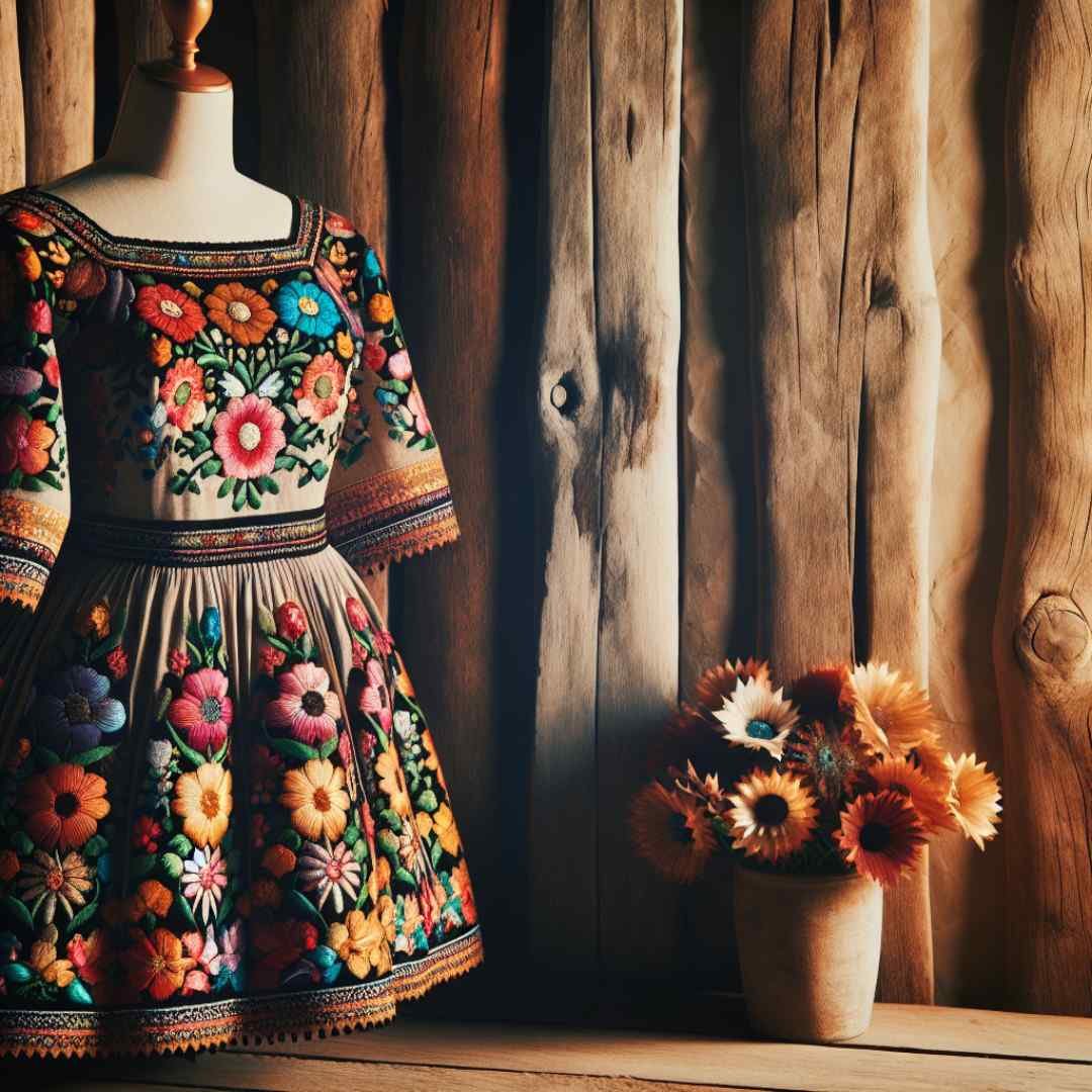 Colorful Mexican traditional dress with floral embroidery on a mannequin