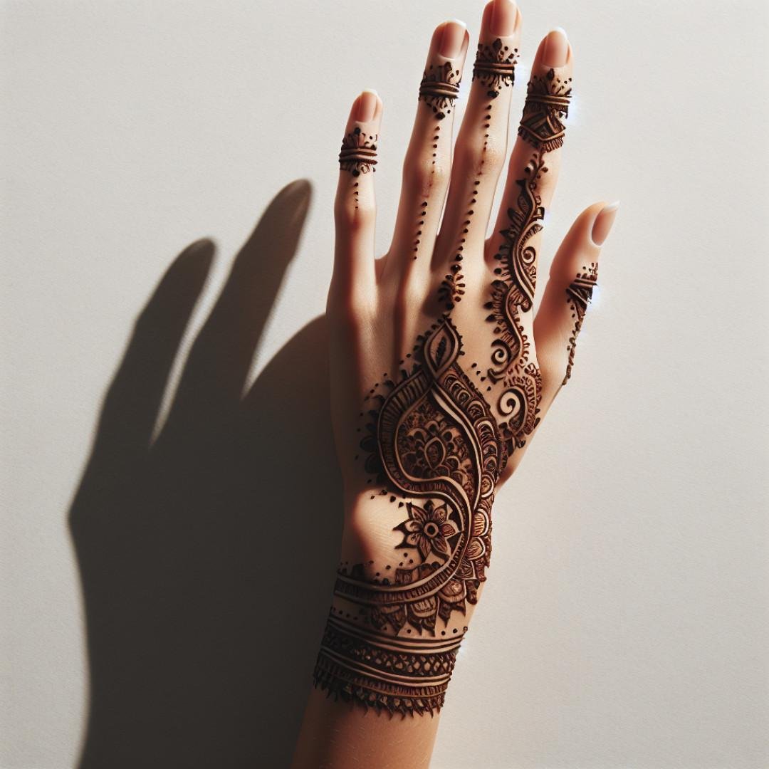 Minimalist mehndi design on the back of a hand with intricate detailing