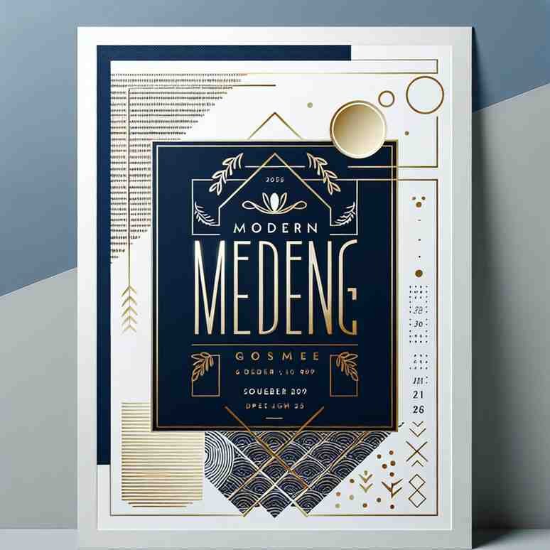 Art Deco themed wedding invitation card with geometric gold and navy design.