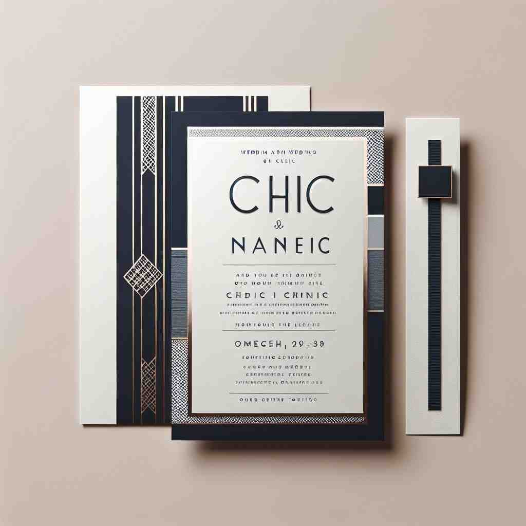 Stylish Art Deco wedding invitation set in black and white design.