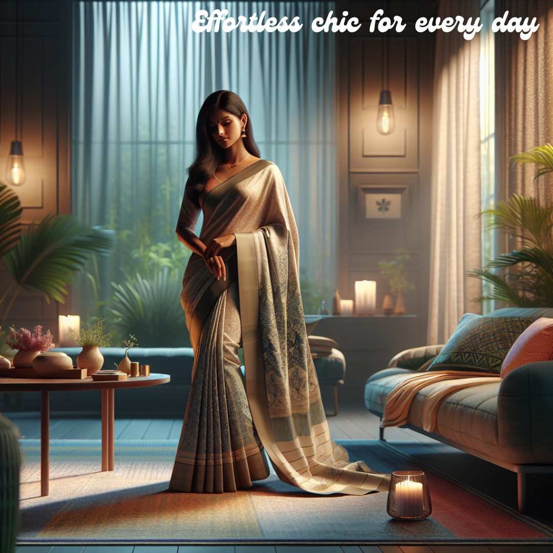 Woman in a modern saree styled for a cozy, chic indoor look