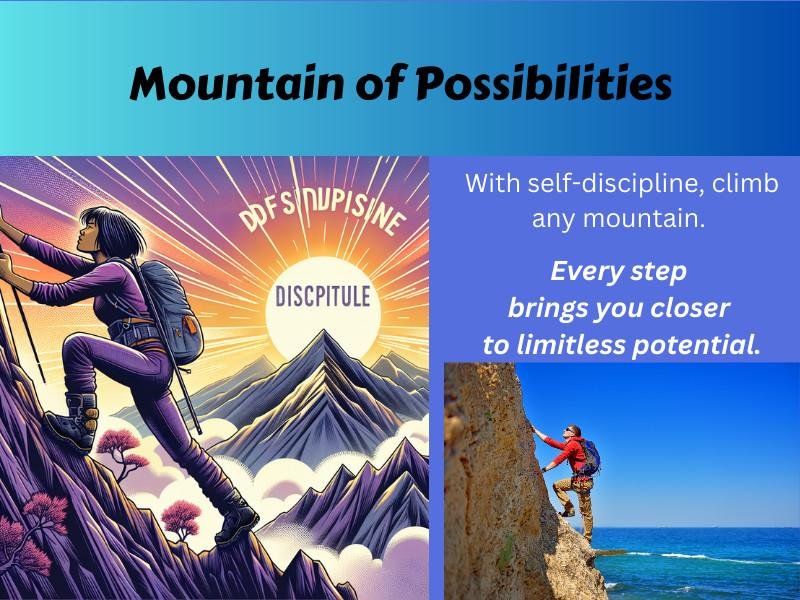 Two climbers ascending mountains under a sunrise labeled “Discipline,” symbolizing progress and limitless potential.