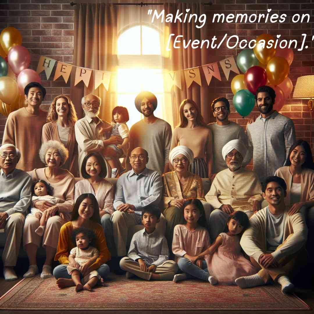 Family in a cozy living room with balloons and a banner, making memories on a special occasion.