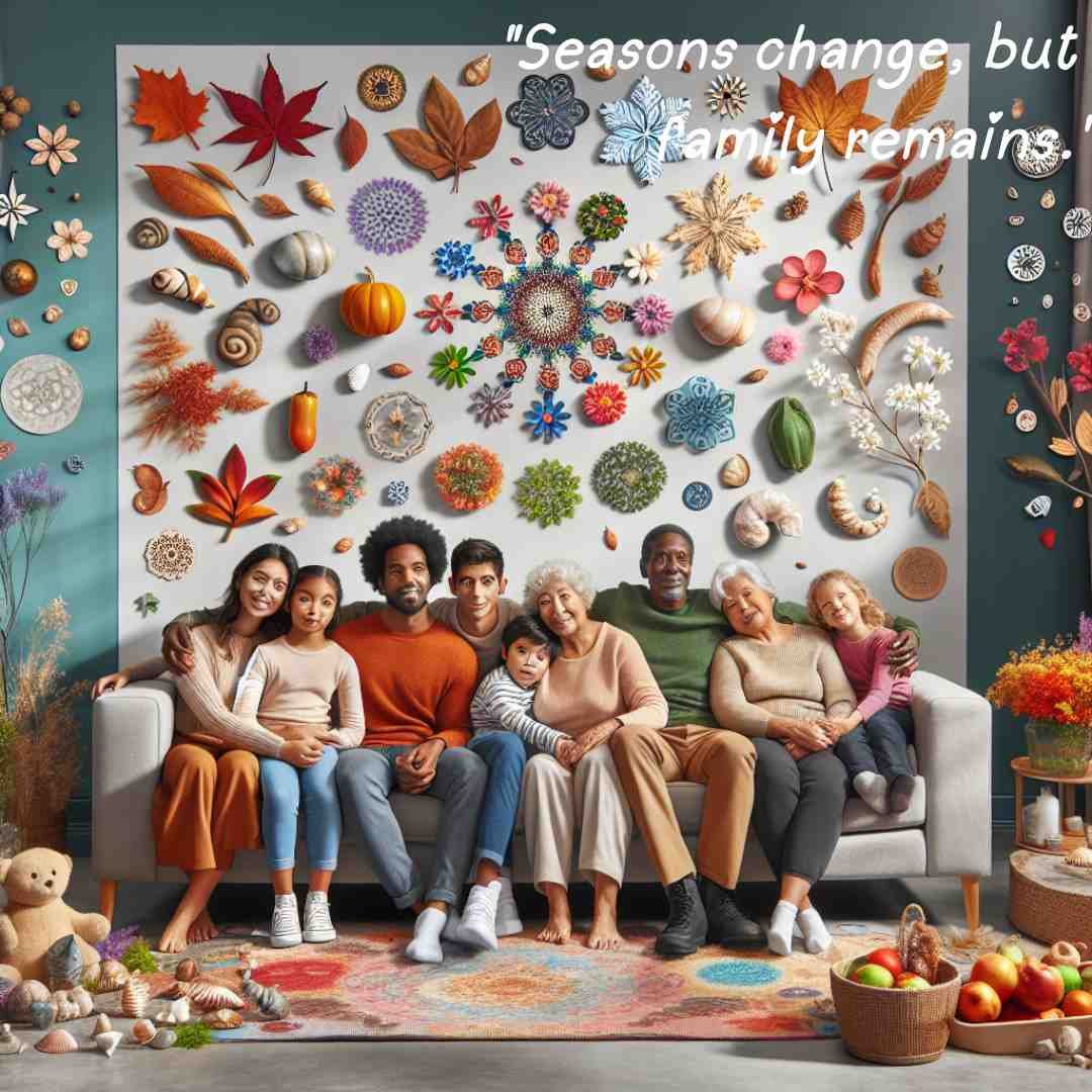 Caption for family photo: Family in a living room with seasonal decorations, representing all seasons, emphasizing that while seasons change, family remains.